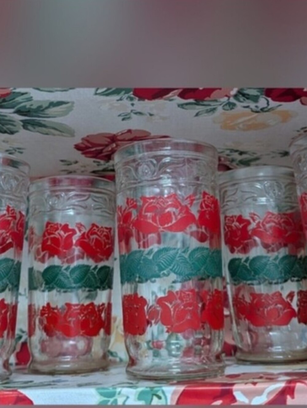 Vintage floral thick glasses 12 oz. (4) Set of clear glass tumblers
